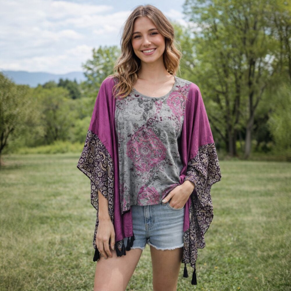 Upcycled T Shirt Poncho Raspberry Gray Floral with Beaded Tassel Sleeves